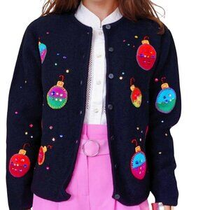 Talbots Vintage 100% Wool Unique Ornament Embroidered Cardigan Sweater Size M